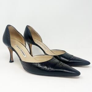 Manolo Blahnik Black Leather D’Orsay Retro Eyelet Heels